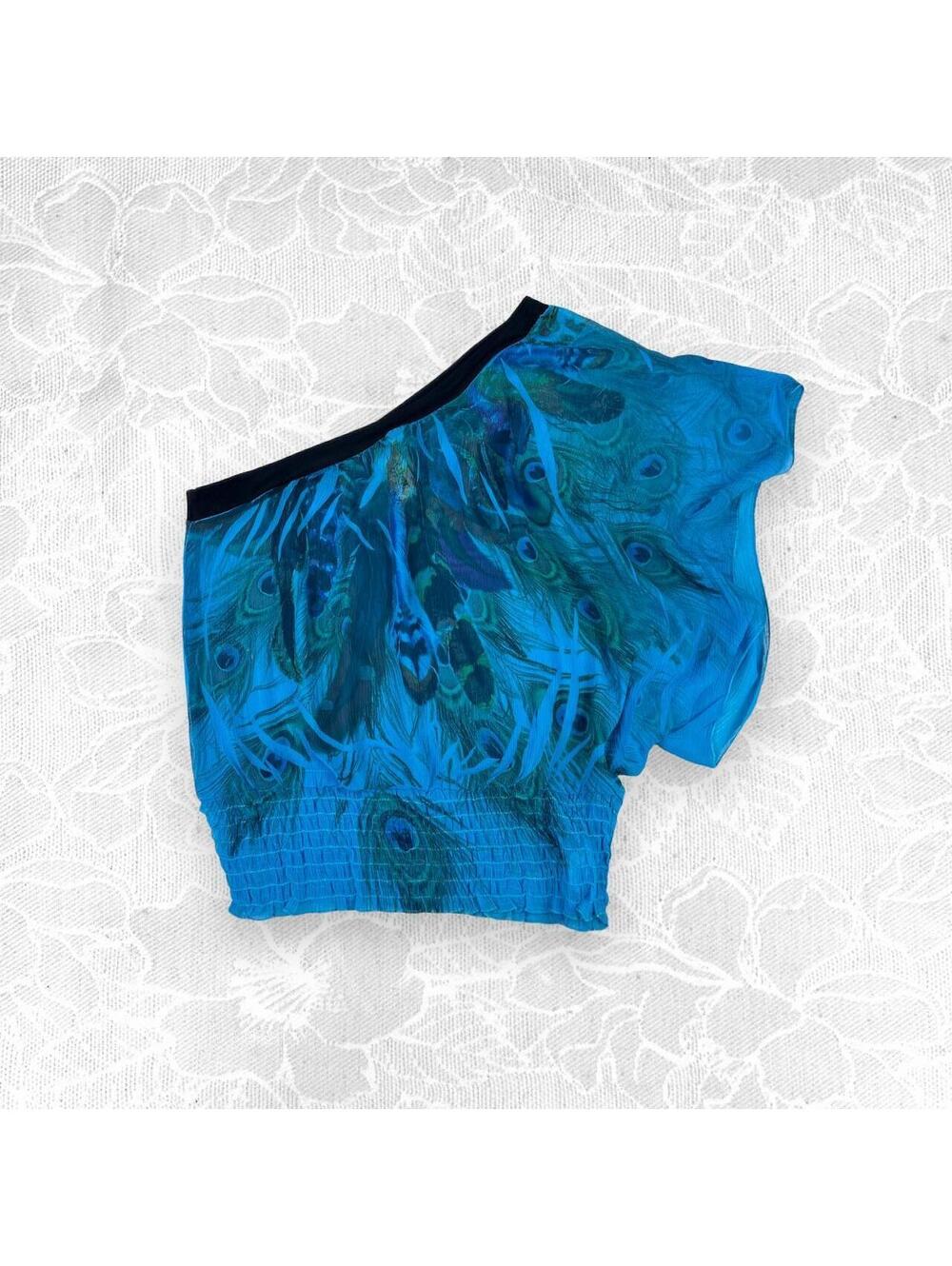 Y2K L8ter Peacock Feather Print One Shoulder Smocked Teal Blouse - L